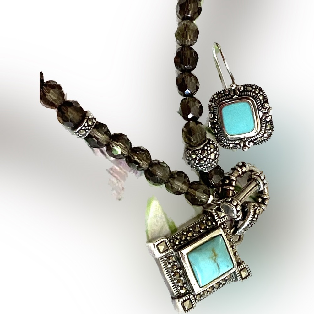 SMOKY TOPAZ, TURQUOISE, & HEMATITE, Toggle Necklace, Earrings, Perfect Like New!